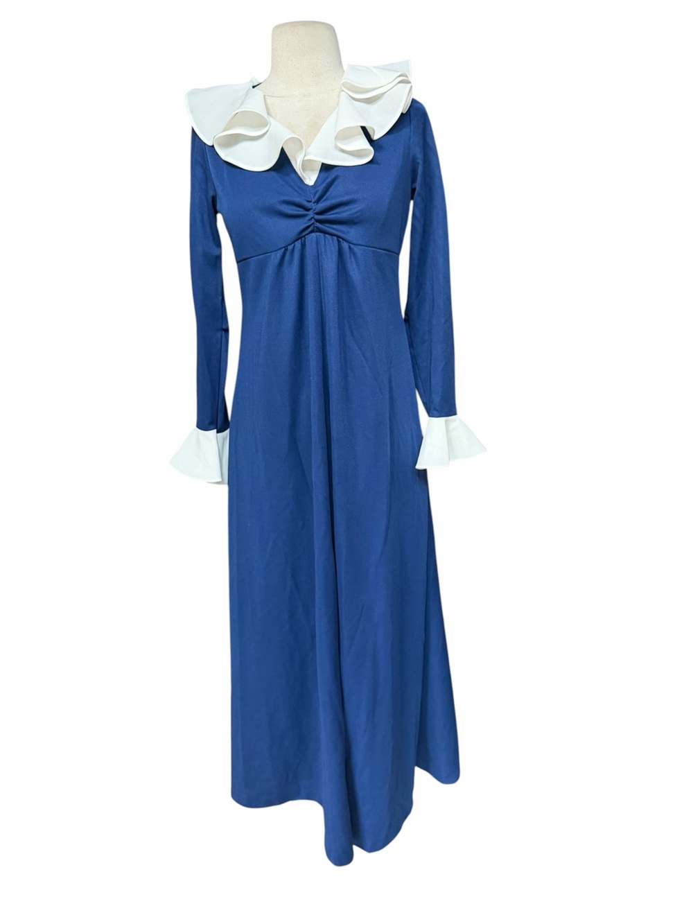 1970s JCPenney Royal Blue Double Knit Poly Empire Hostess Gown